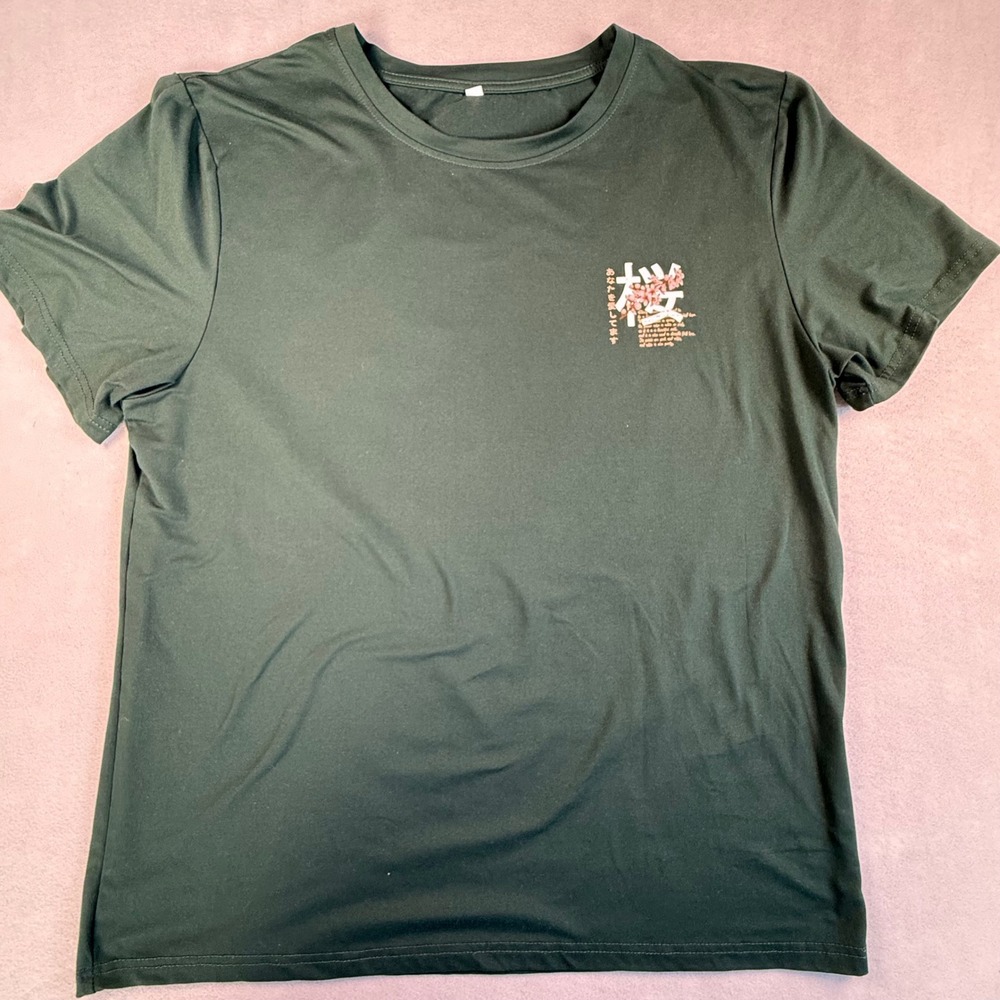 Mens Dark Green Cherry Blossom Sakura Graphic T-Shirt XL Streetwear Japanese